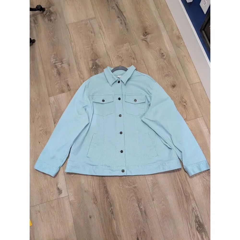 Charter Club Denim Jean Jacket 2X Robins Egg Blue Stretch Button Front Trucker